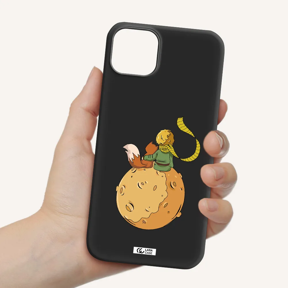 a cartoon of a fox and a fox sitting on a planet Apple iPhone 14 Silicone black Case