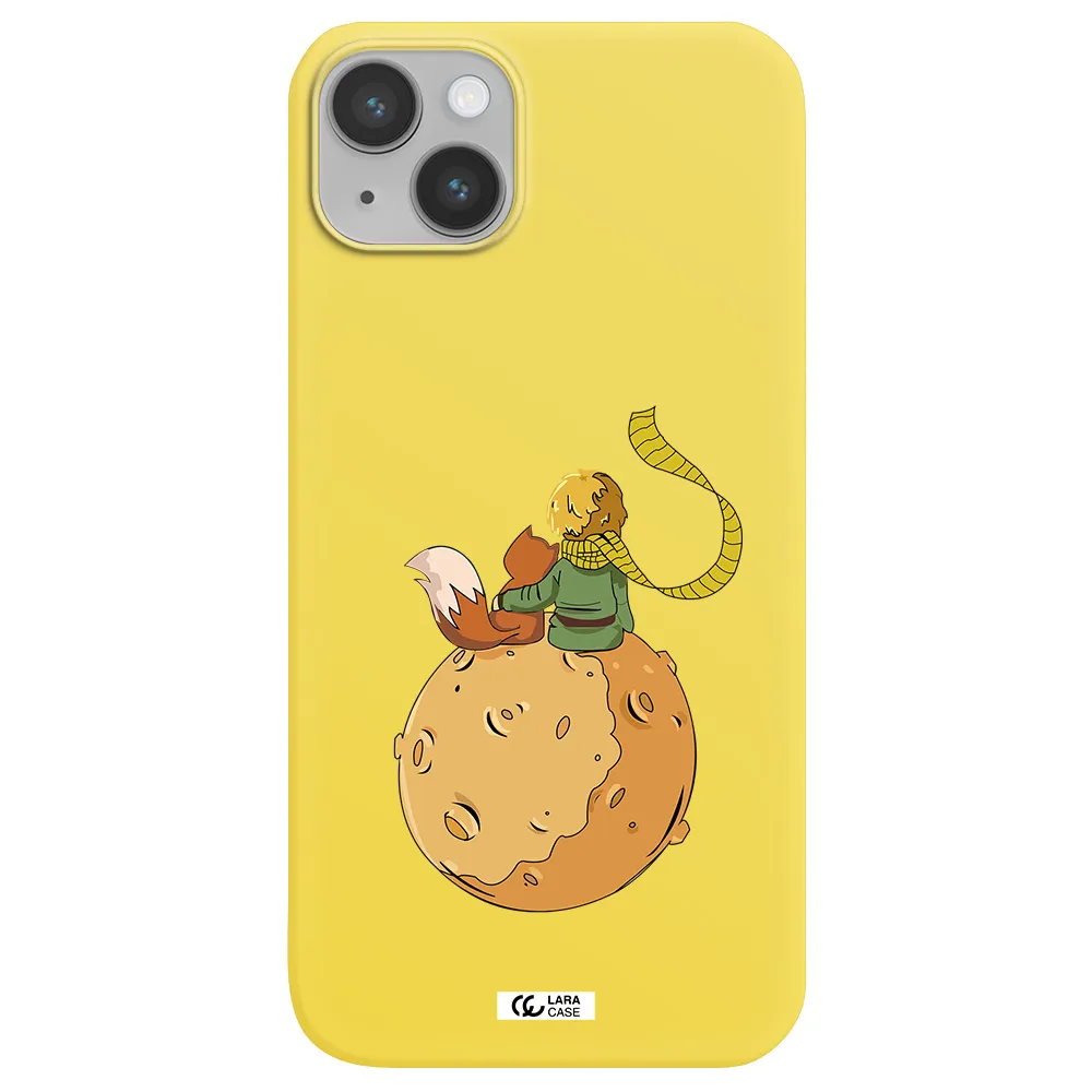 a cartoon of a fox and a fox sitting on a planet Apple iPhone 14 Silicone canary yellow Case