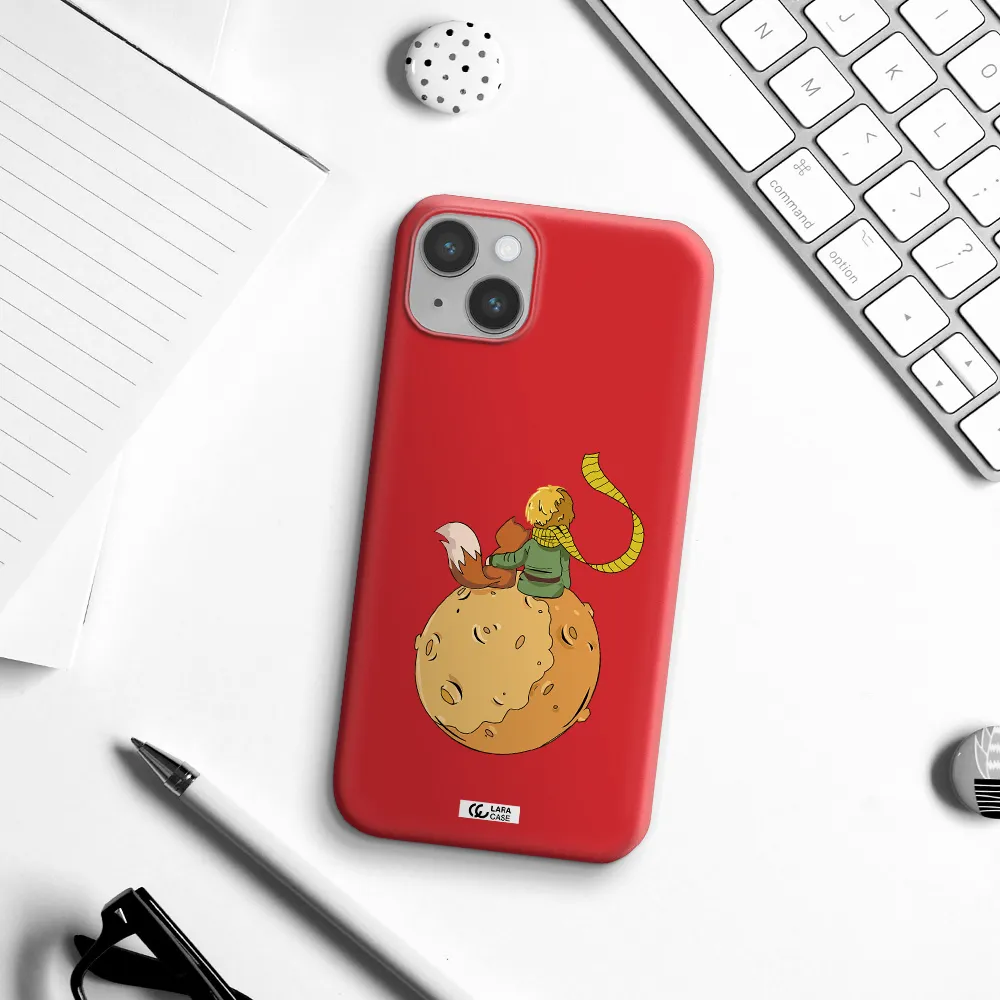 a cartoon of a fox and a fox sitting on a planet Apple iPhone 14 Silicone Imperial Red Case