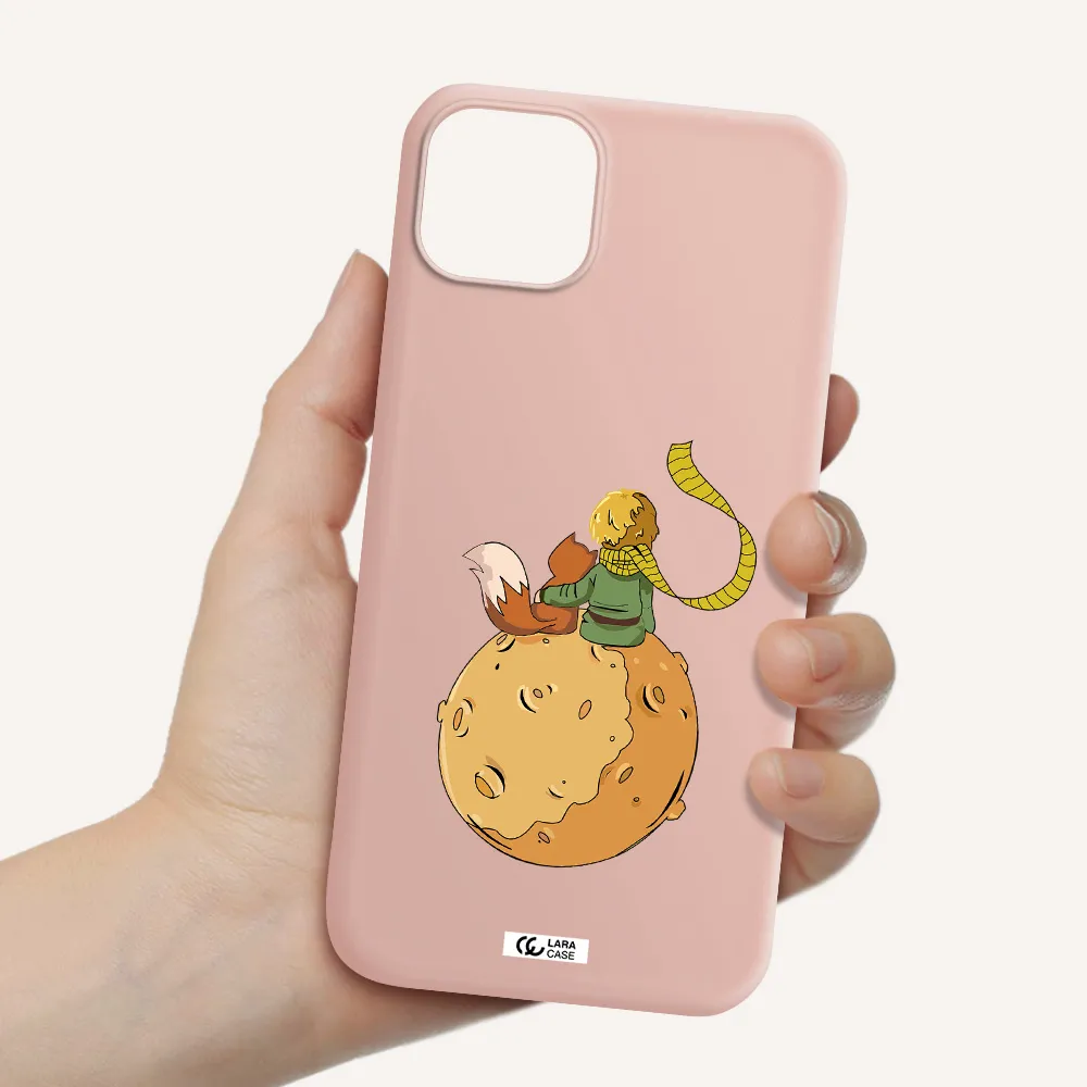 a cartoon of a fox and a fox sitting on a planet Apple iPhone 14 Silicone pastel pink Case