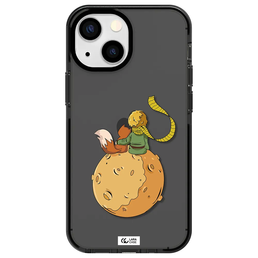 a cartoon of a fox and a fox sitting on a planet Apple iPhone 15 impact Smoke Black Case