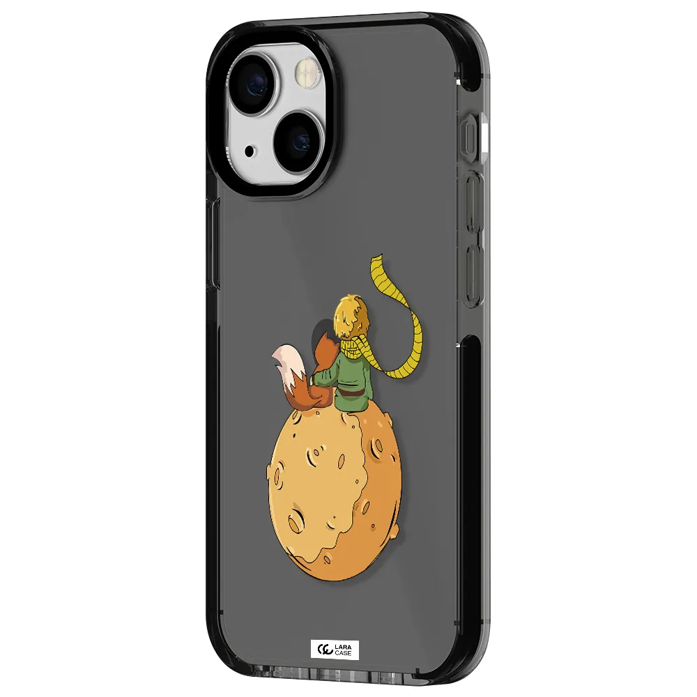 a cartoon of a fox and a fox sitting on a planet Apple iPhone 15 impact Smoke Black Case