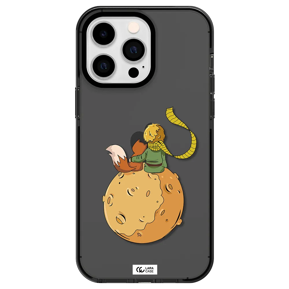 a cartoon of a fox and a fox sitting on a planet Apple iPhone 15 Pro impact Smoke Black Case