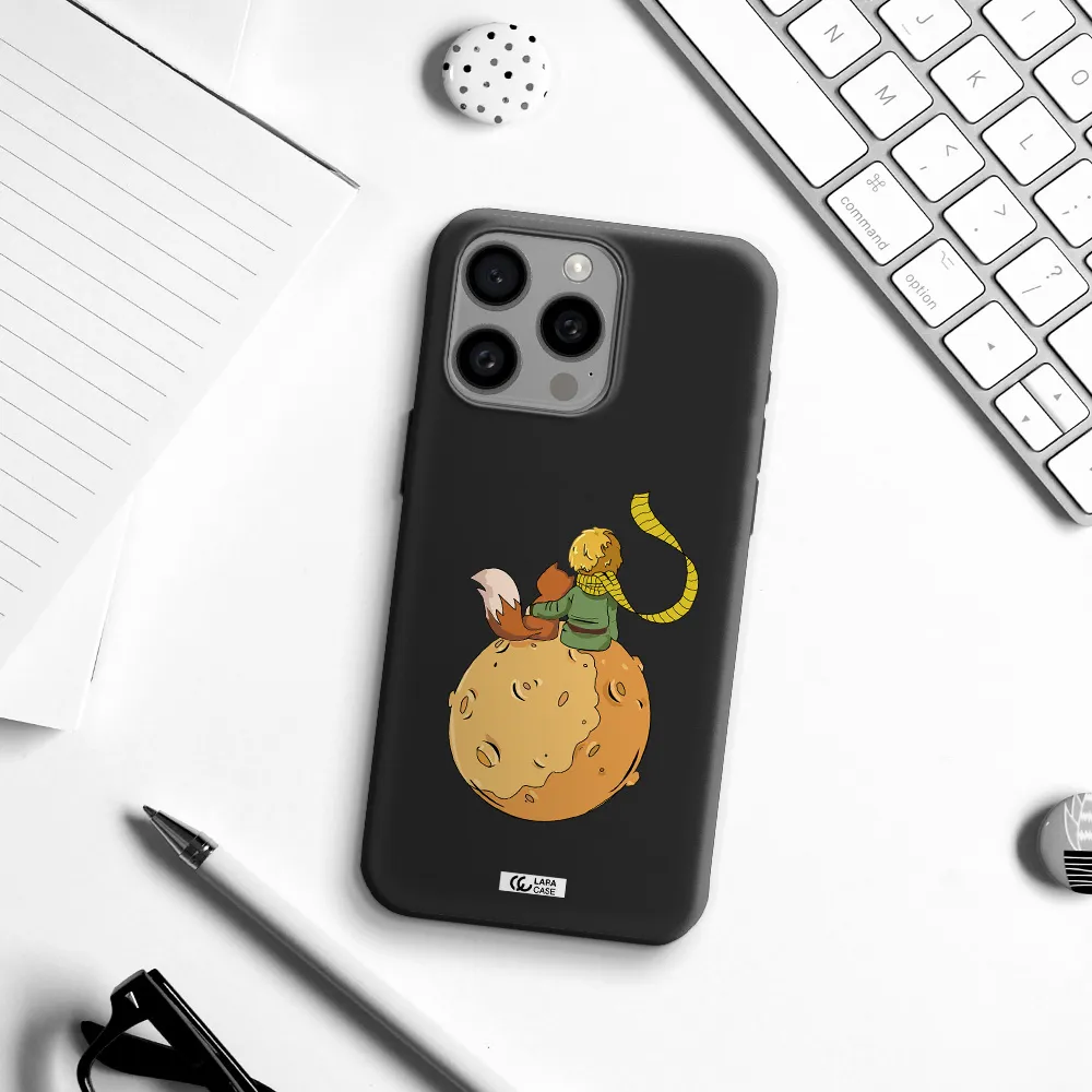 a cartoon of a fox and a fox sitting on a planet Apple Iphone 15 Pro max Silicone black Case