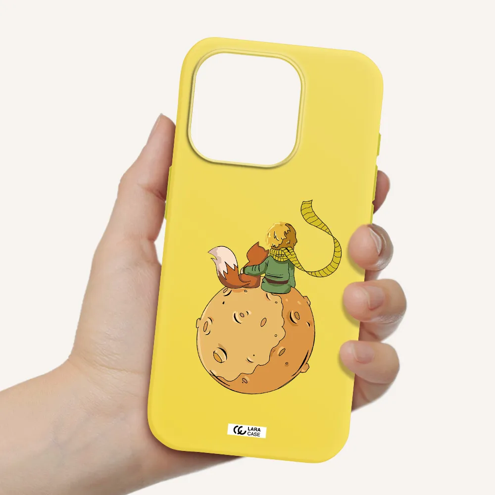 A Cartoon Of A Fox And A Fox Sitting On A Planet Apple Iphone 15 Pro Silicone Canary Yellow Case