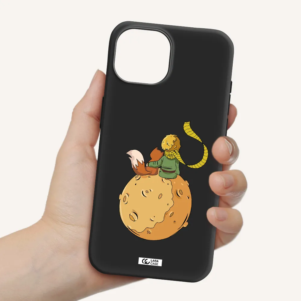 a cartoon of a fox and a fox sitting on a planet Apple iPhone 15 Silicone black Case