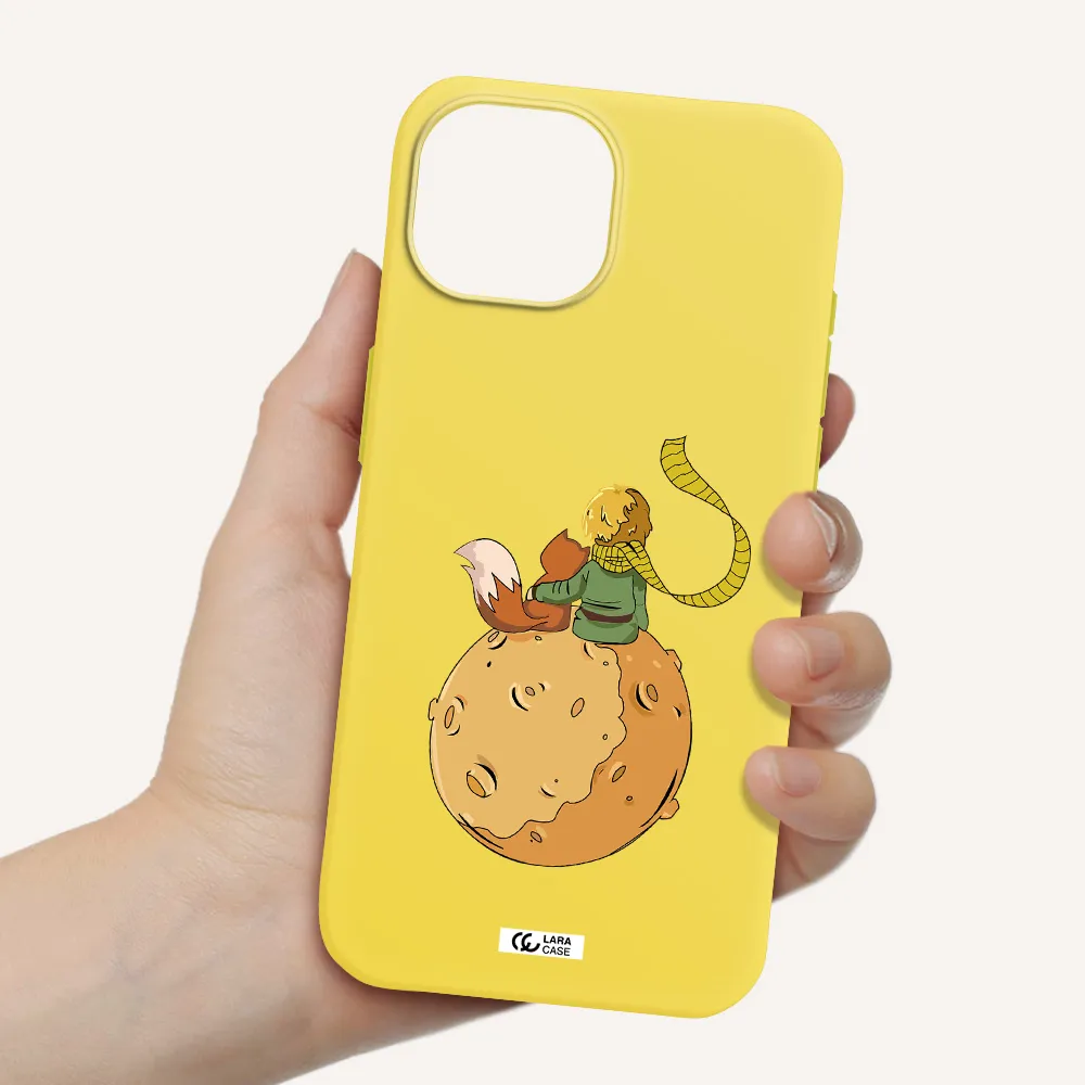 a cartoon of a fox and a fox sitting on a planet Apple iPhone 15 Silicone canary yellow Case