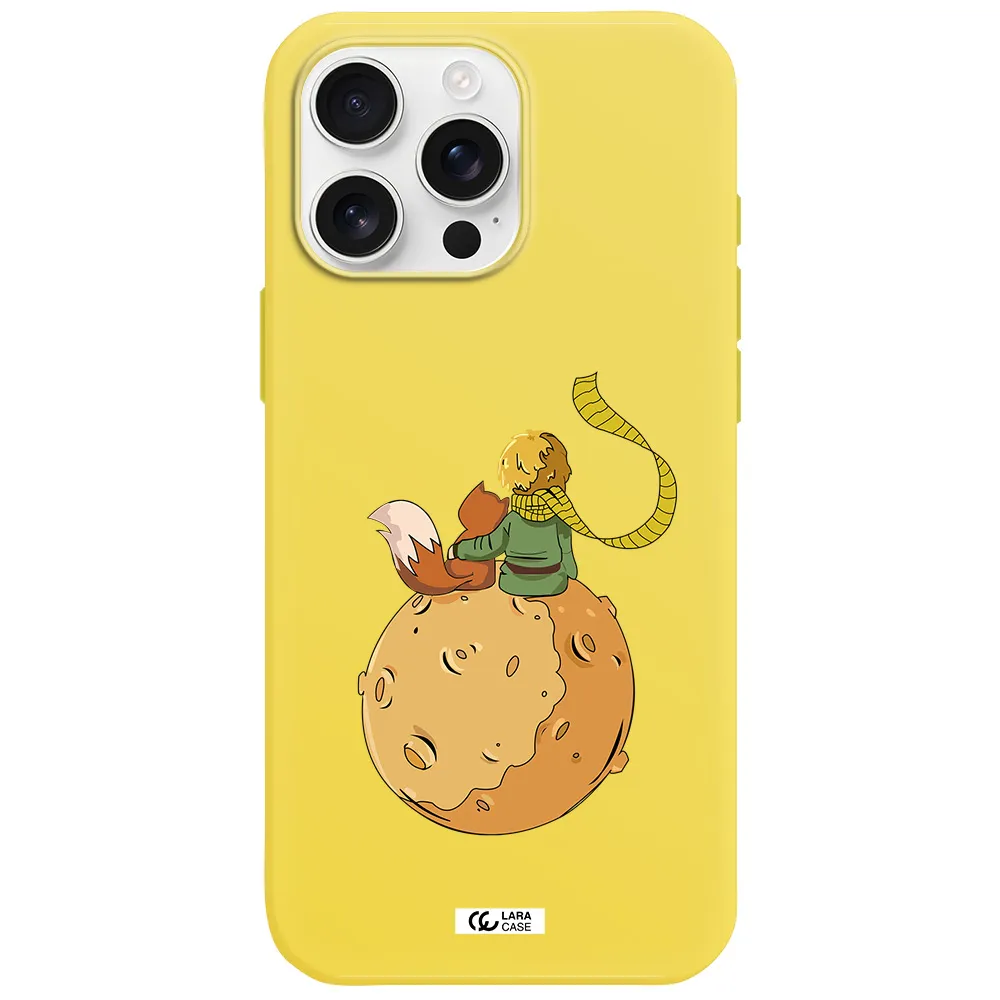 A Cartoon Of A Fox And A Fox Sitting On A Planet Apple Iphone 16 Pro Max Silicone Canary Yellow Case