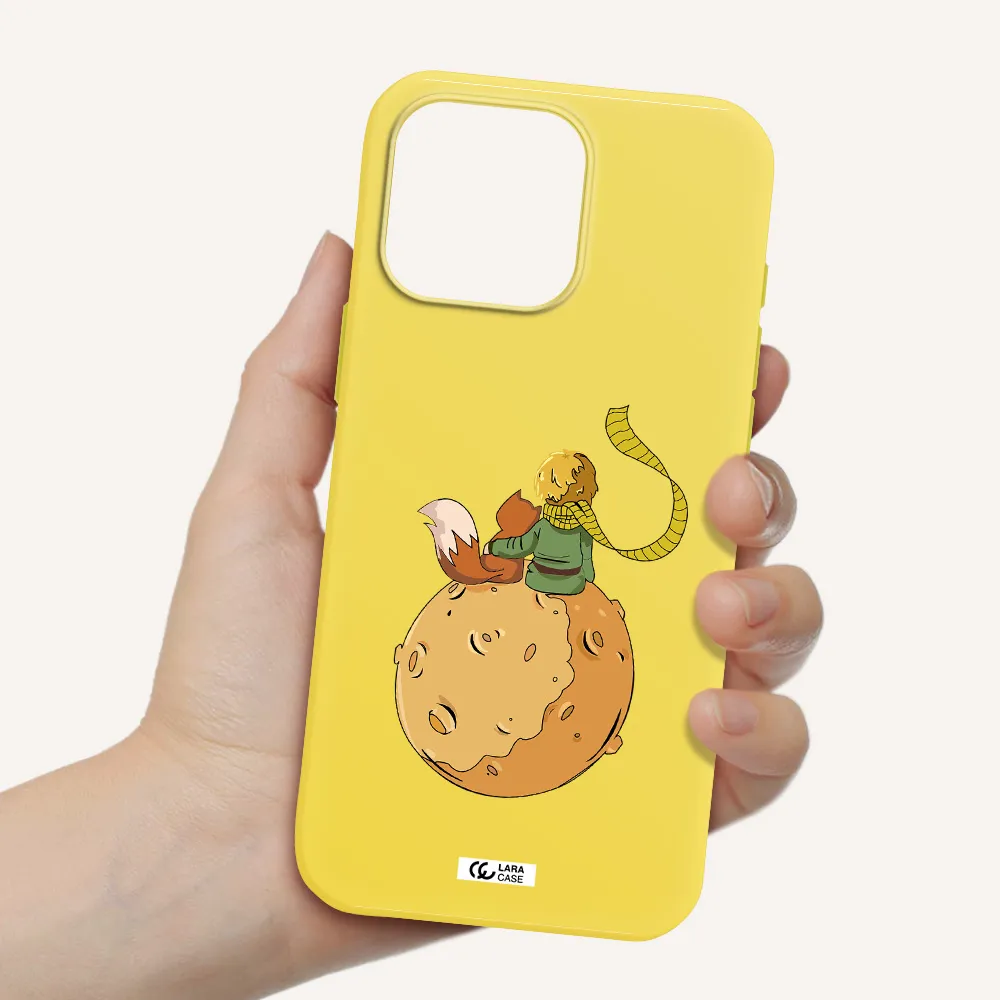 A Cartoon Of A Fox And A Fox Sitting On A Planet Apple Iphone 16 Pro Max Silicone Canary Yellow Case