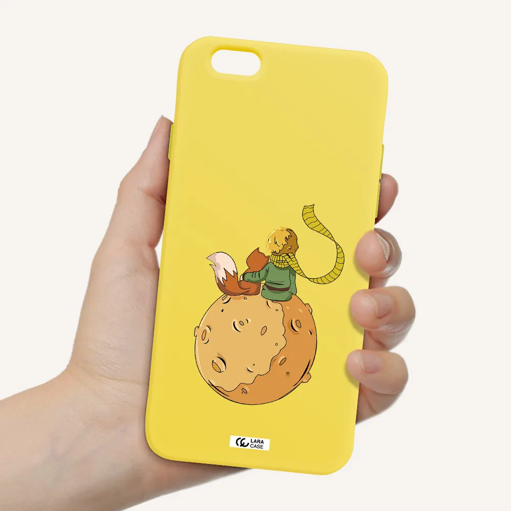 a cartoon of a fox and a fox sitting on a planet Apple iPhone 6 Silicone canary yellow Case