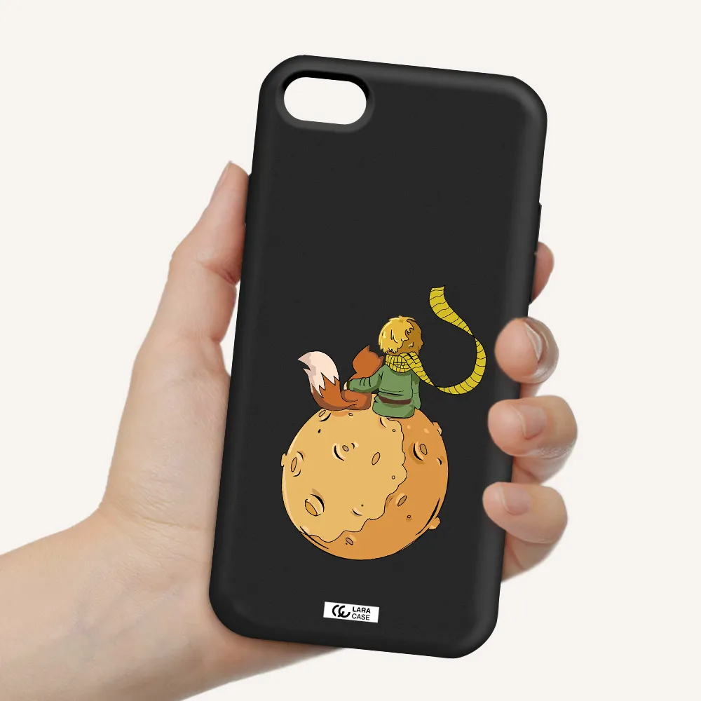 a cartoon of a fox and a fox sitting on a planet Apple iPhone 8 Silicone black Case