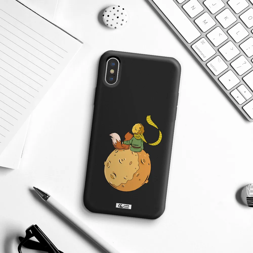a cartoon of a fox and a fox sitting on a planet Apple iPhone XS Silicone black Case
