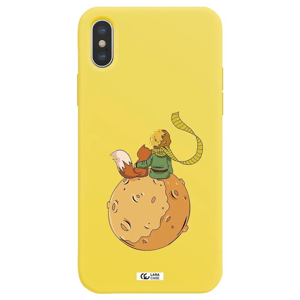 a cartoon of a fox and a fox sitting on a planet Apple iPhone XS Silicone canary yellow Case