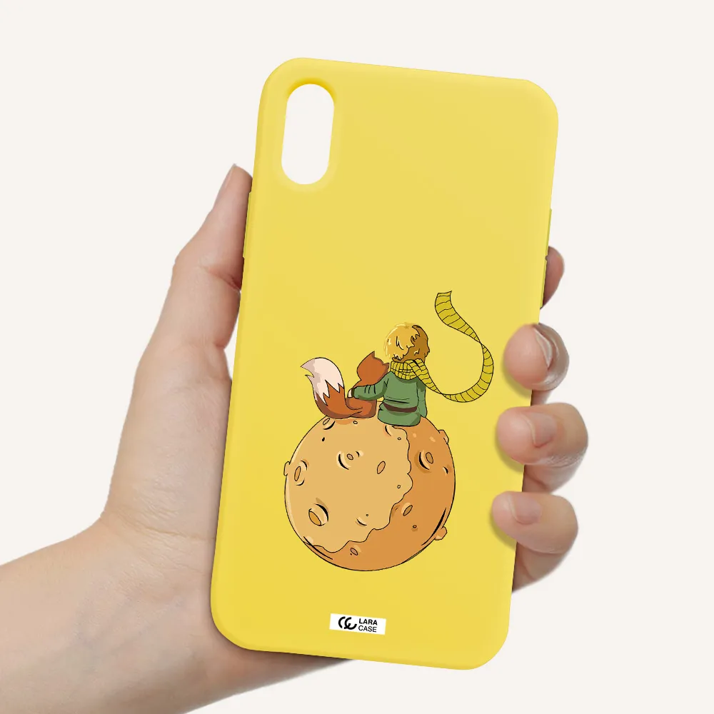 a cartoon of a fox and a fox sitting on a planet Apple iPhone XS Silicone canary yellow Case