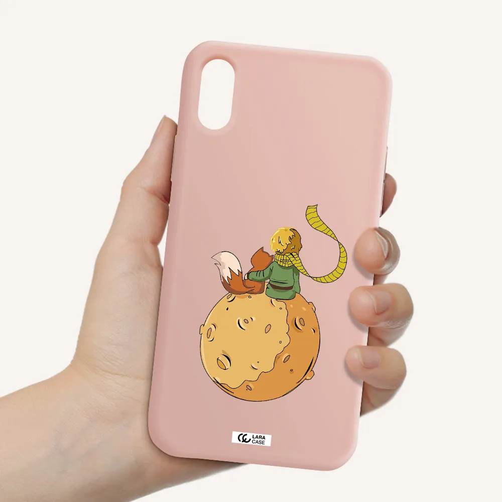 a cartoon of a fox and a fox sitting on a planet Apple iPhone XS Silicone pastel pink Case