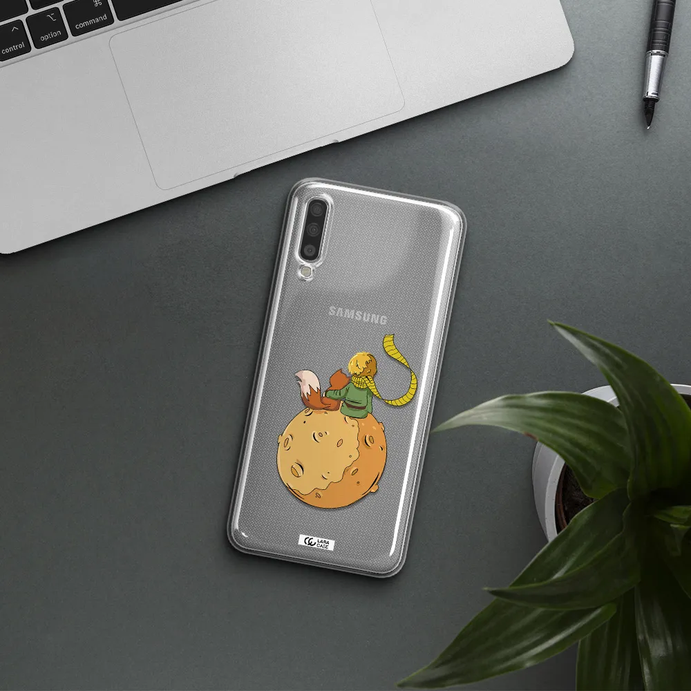 a cartoon of a fox and a fox sitting on a planet Samsung A70 Clear TPU Case
