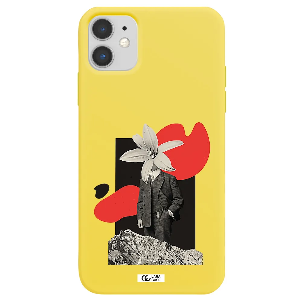 a man in a suit with a flower head Apple iPhone 11 Silicone canary yellow Case