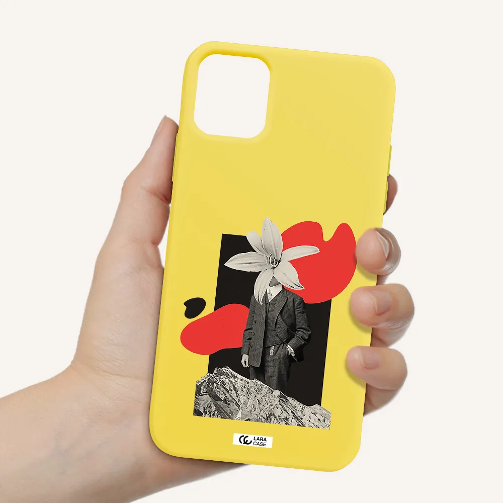 a man in a suit with a flower head Apple iPhone 11 Silicone canary yellow Case