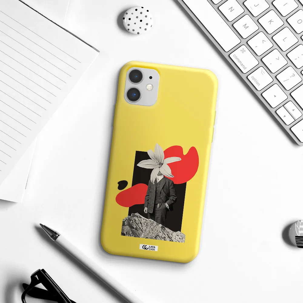 a man in a suit with a flower head Apple iPhone 11 Silicone canary yellow Case