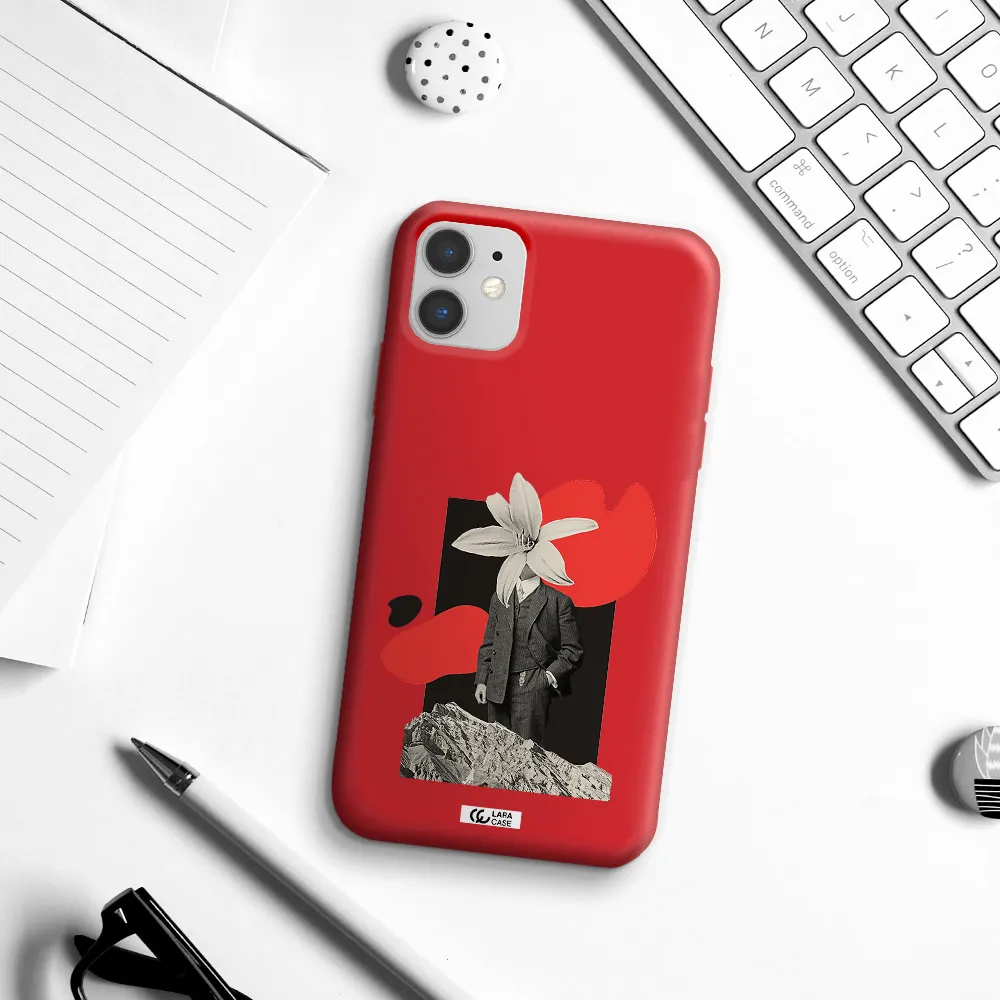 a man in a suit with a flower head Apple iPhone 11 Silicone Imperial Red Case