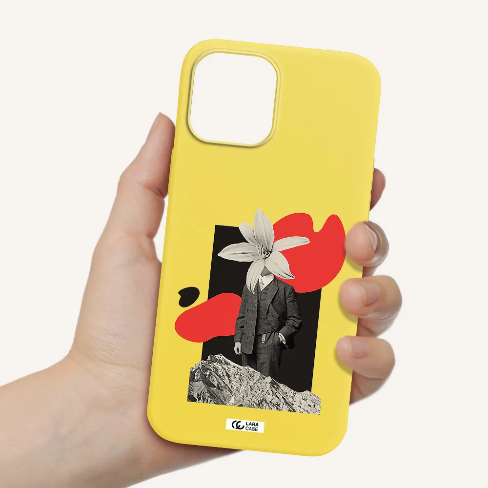 a man in a suit with a flower head Apple iPhone 12 pro Silicone canary yellow Case