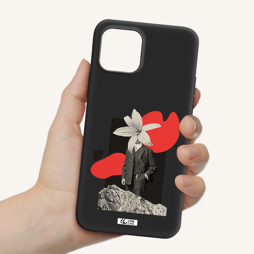 a man in a suit with a flower head Apple iPhone 12 Silicone black Case