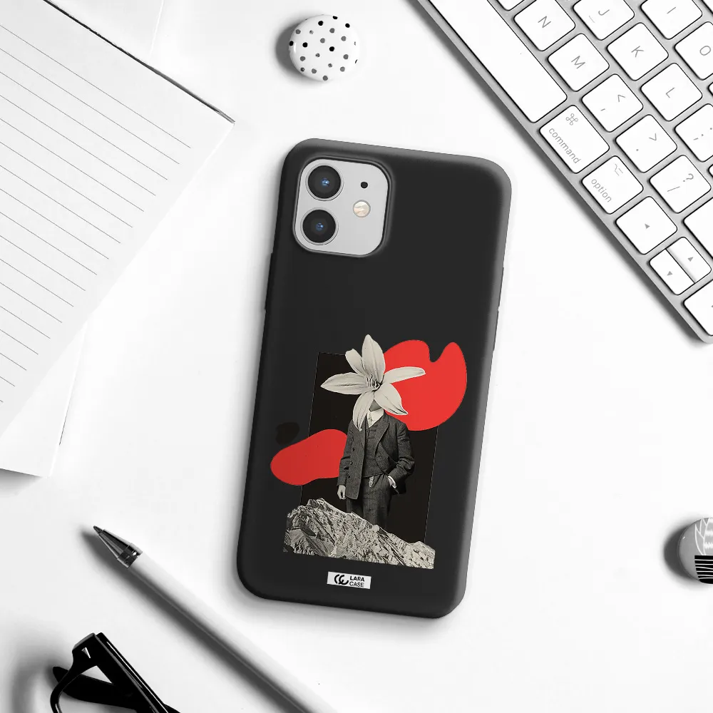 a man in a suit with a flower head Apple iPhone 12 Silicone black Case
