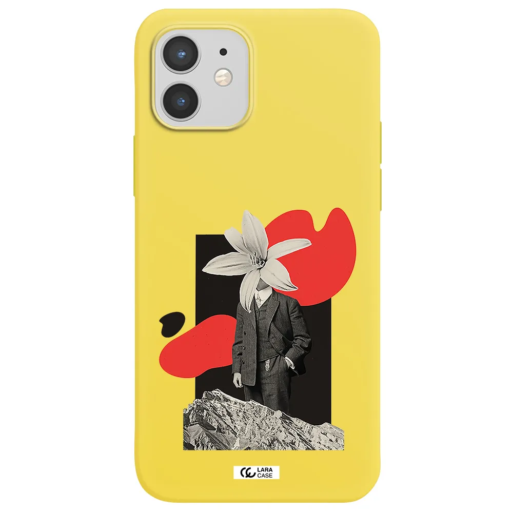 a man in a suit with a flower head Apple iPhone 12 Silicone canary yellow Case