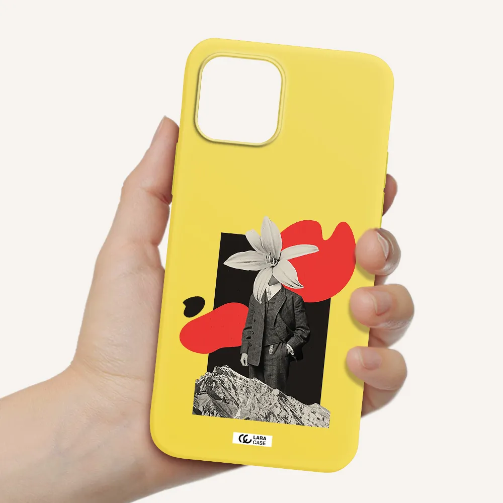 a man in a suit with a flower head Apple iPhone 12 Silicone canary yellow Case