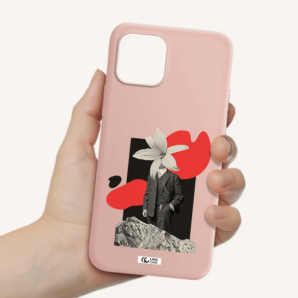 a man in a suit with a flower head Apple iPhone 12 Silicone pastel pink Case