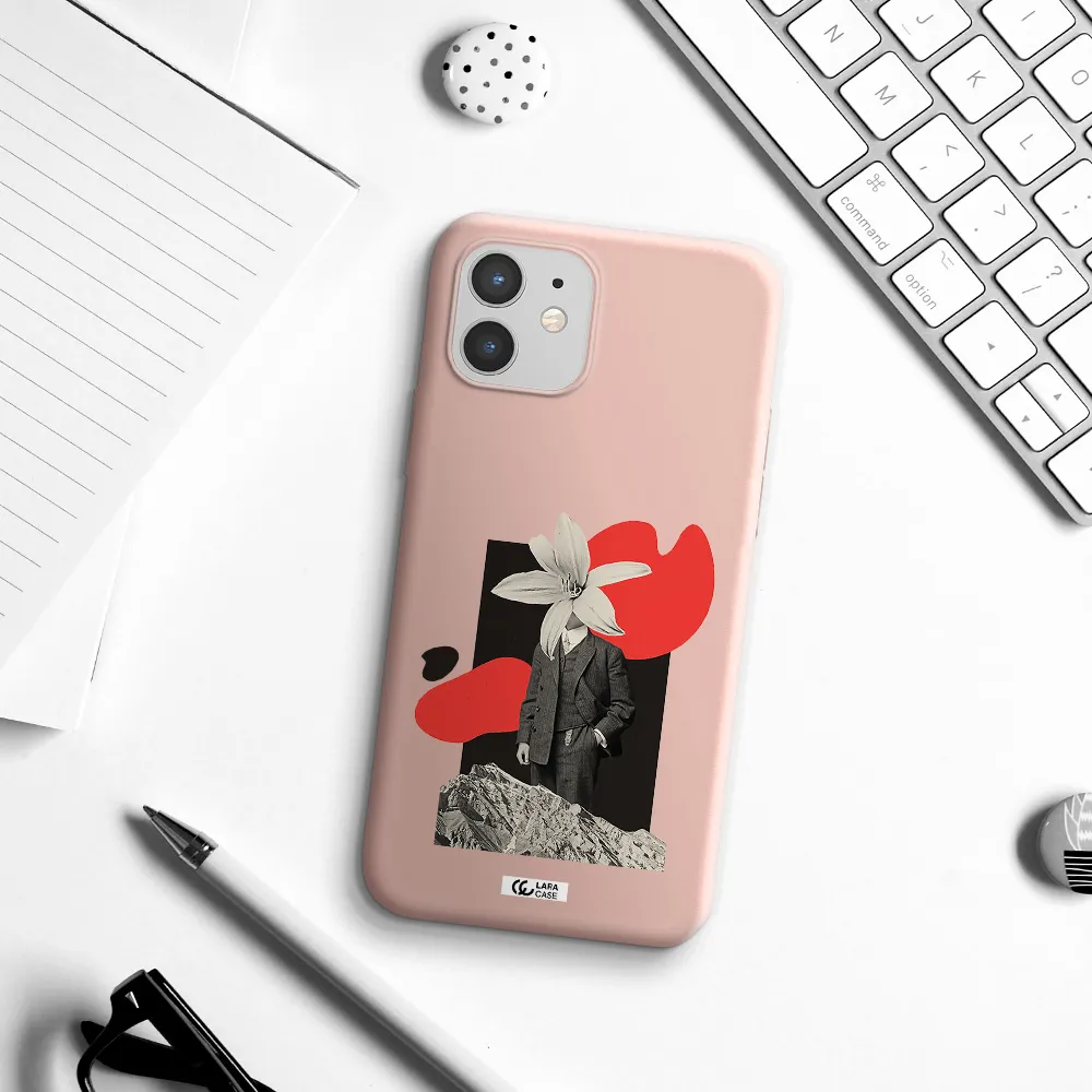 a man in a suit with a flower head Apple iPhone 12 Silicone pastel pink Case