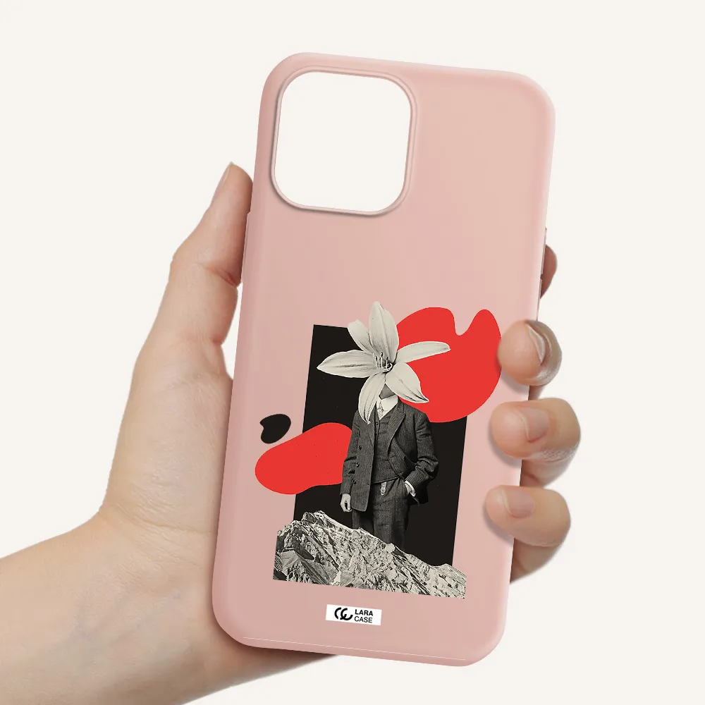 a man in a suit with a flower head Apple iPhone 13 Pro Max Silicone pastel pink Case