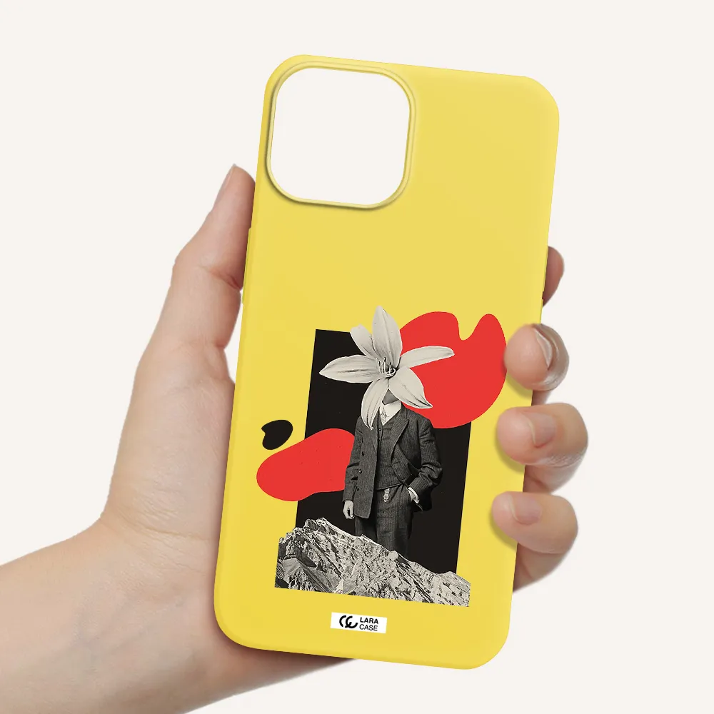 a man in a suit with a flower head Apple iPhone 13 Silicone canary yellow Case