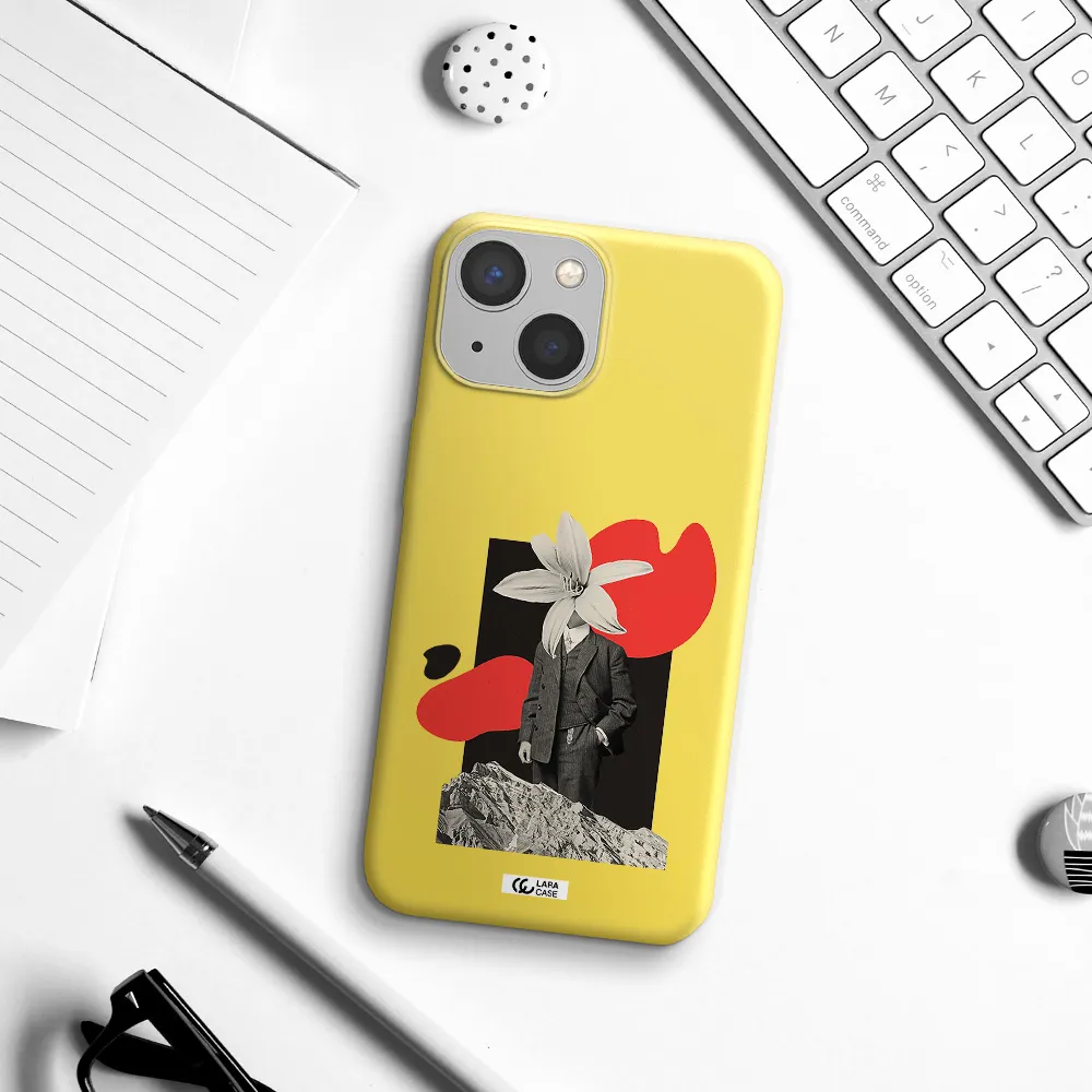 a man in a suit with a flower head Apple iPhone 13 Silicone canary yellow Case
