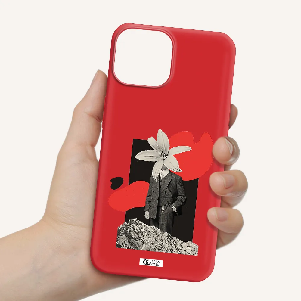 a man in a suit with a flower head Apple iPhone 13 Silicone Imperial Red Case