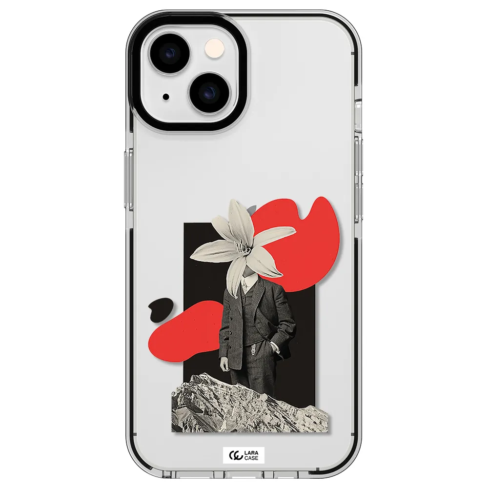 a man in a suit with a flower head Apple iPhone 14 impact black border Case