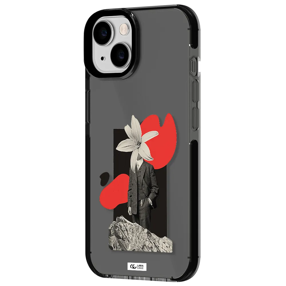 a man in a suit with a flower head Apple iPhone 14 impact Smoke Black Case