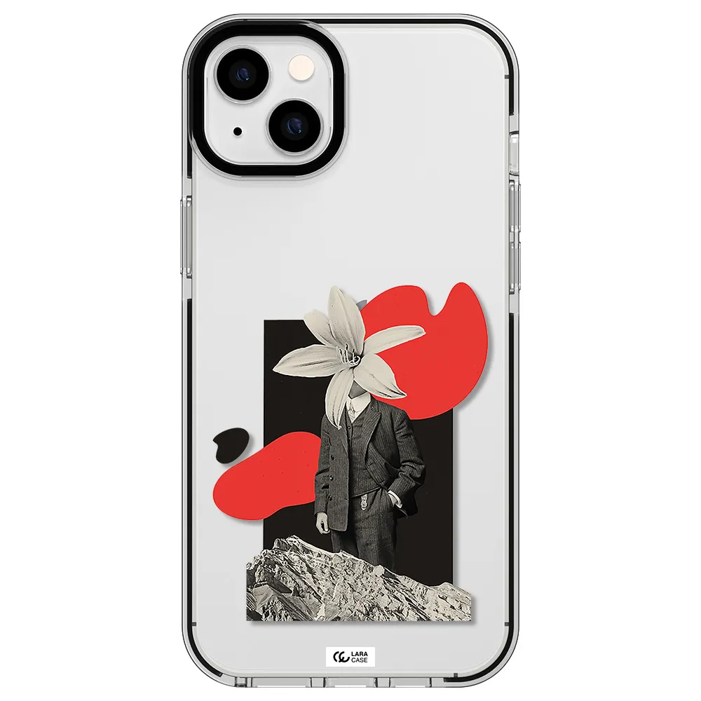 a man in a suit with a flower head Apple iPhone 14 plus impact black border Case
