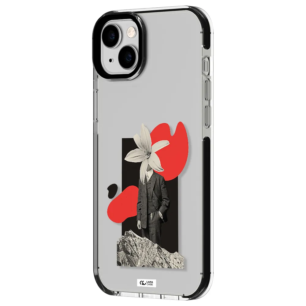a man in a suit with a flower head Apple iPhone 14 plus impact black border Case