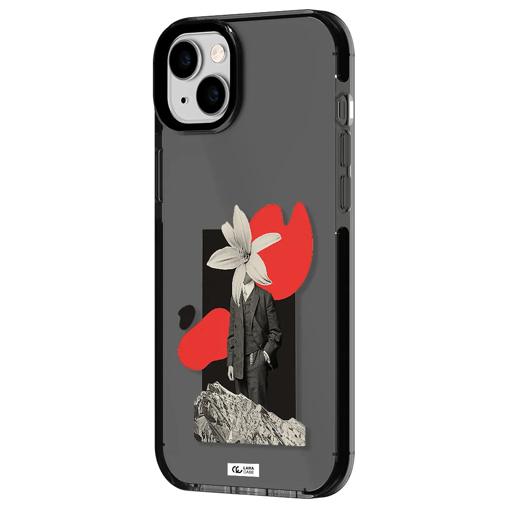 a man in a suit with a flower head Apple iPhone 14 plus impact Smoke Black Case