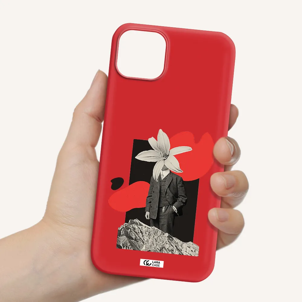 a man in a suit with a flower head Apple iPhone 14 plus Silicone Imperial Red Case