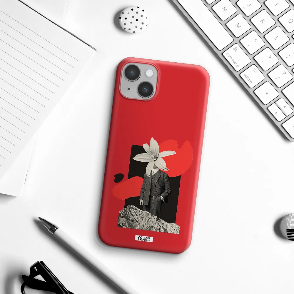 a man in a suit with a flower head Apple iPhone 14 plus Silicone Imperial Red Case