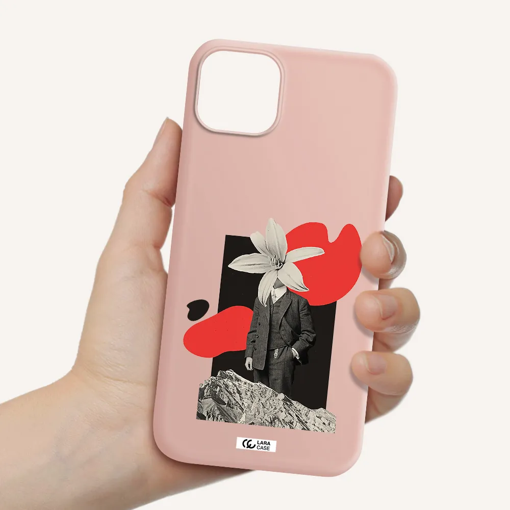 a man in a suit with a flower head Apple iPhone 14 plus Silicone pastel pink Case