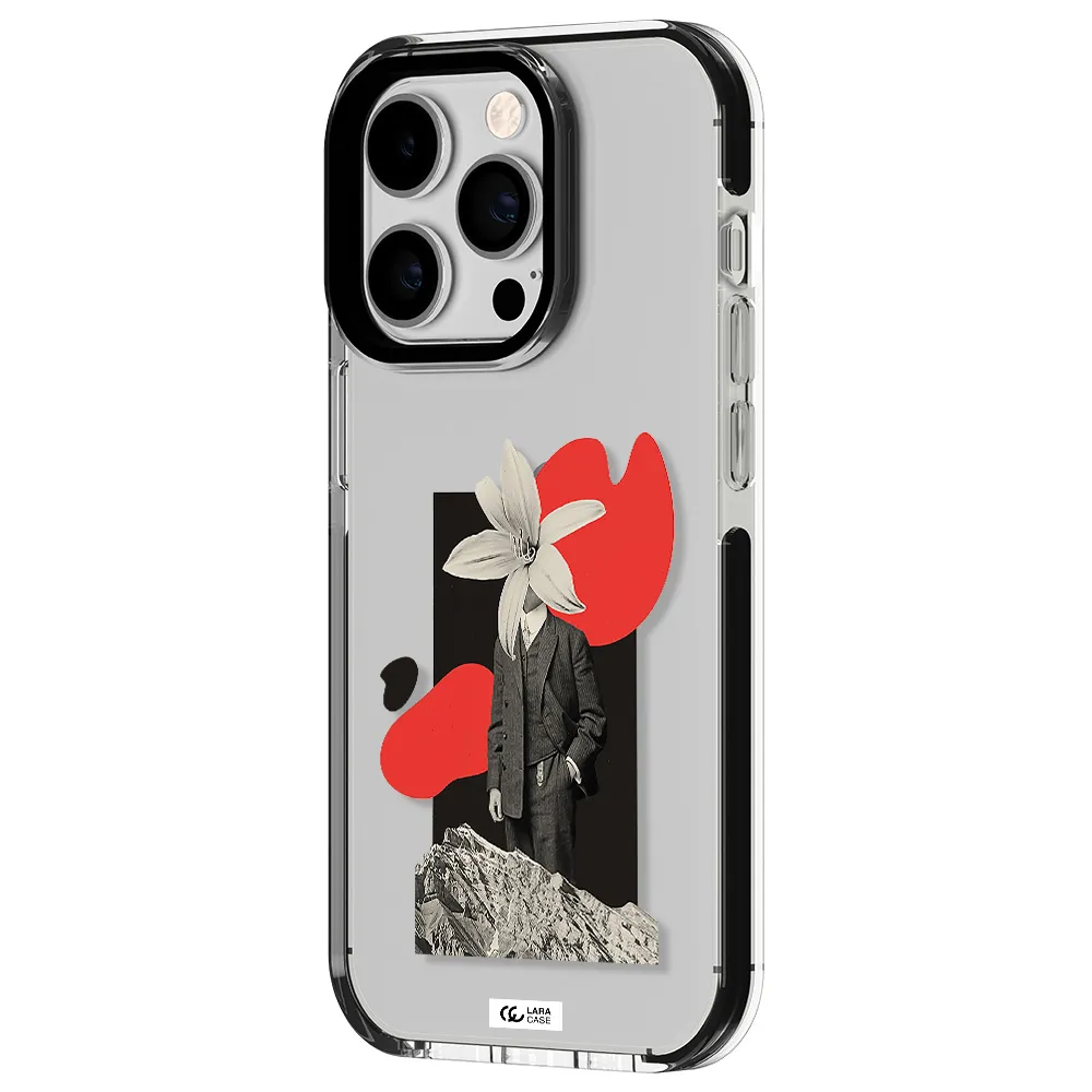 a man in a suit with a flower head Apple iPhone 14 pro impact black border Case