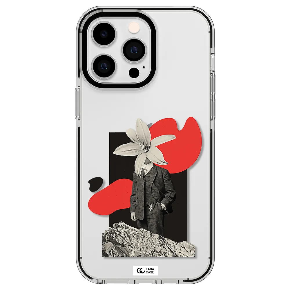 a man in a suit with a flower head Apple iPhone 14 pro max impact black border Case