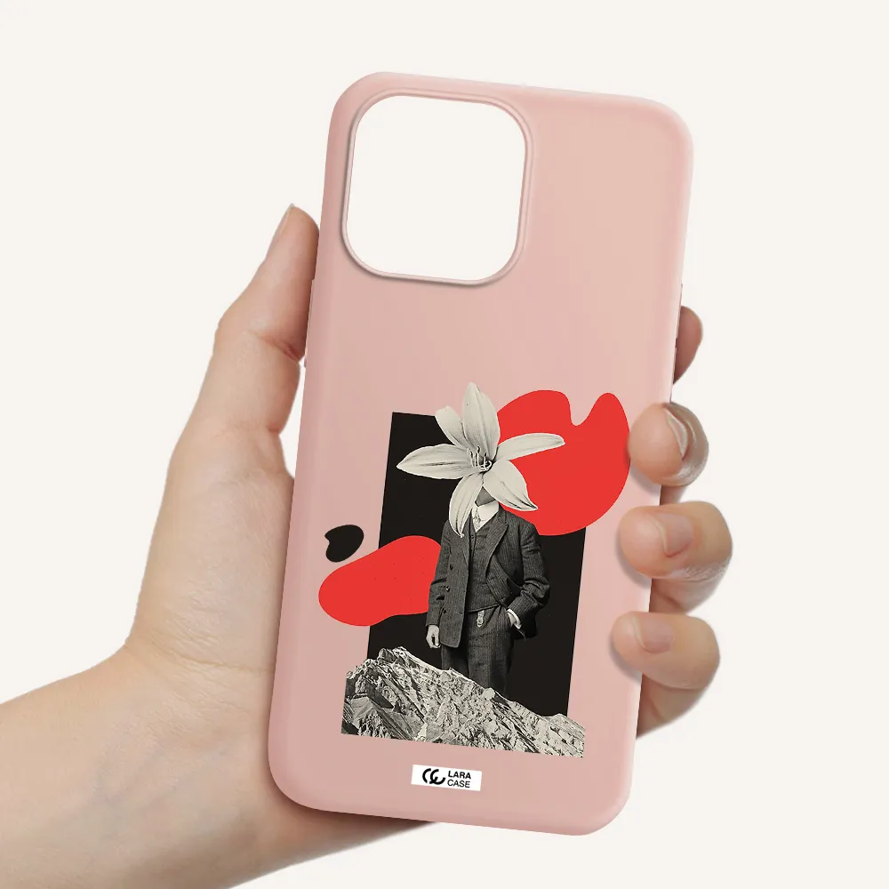 a man in a suit with a flower head Apple iPhone 14 pro max Silicone pastel pink Case