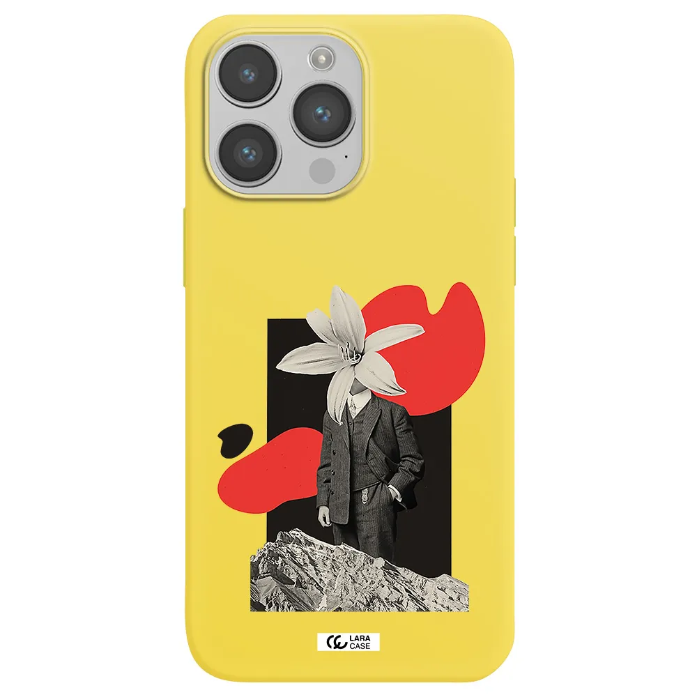 a man in a suit with a flower head Apple iPhone 14 pro Silicone canary yellow Case