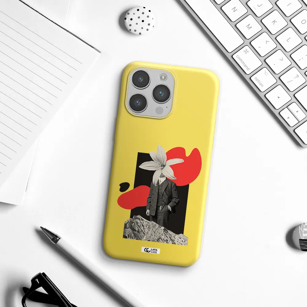 a man in a suit with a flower head Apple iPhone 14 pro Silicone canary yellow Case