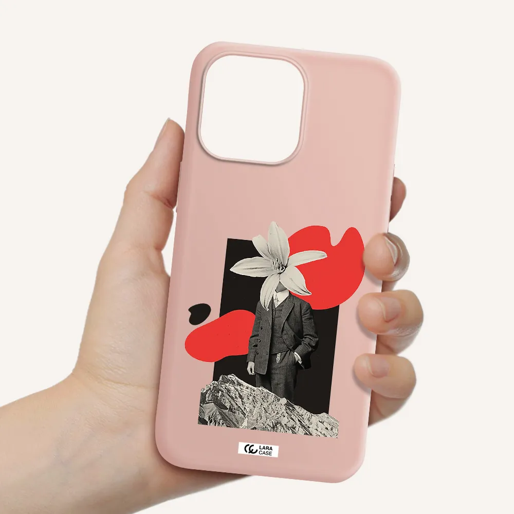 a man in a suit with a flower head Apple iPhone 14 pro Silicone pastel pink Case
