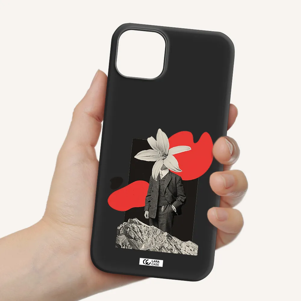 a man in a suit with a flower head Apple iPhone 14 Silicone black Case